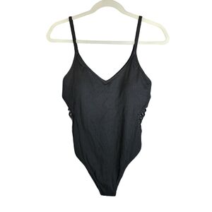 Black Ribbed V-Neck One-Piece Swimsuit